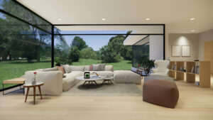 Modern sliding doors opening from living to backyard patio - installed by EvoLight Windows&Doors